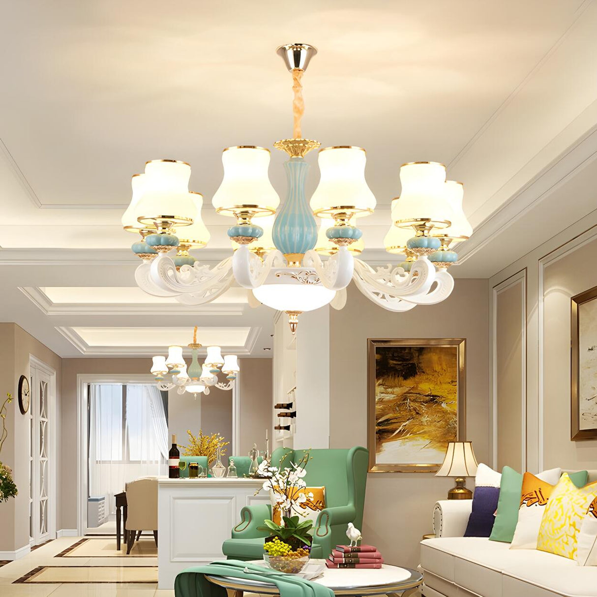 8-Light Elegant Vintage Blue Porcelain Chandelier Image - 3