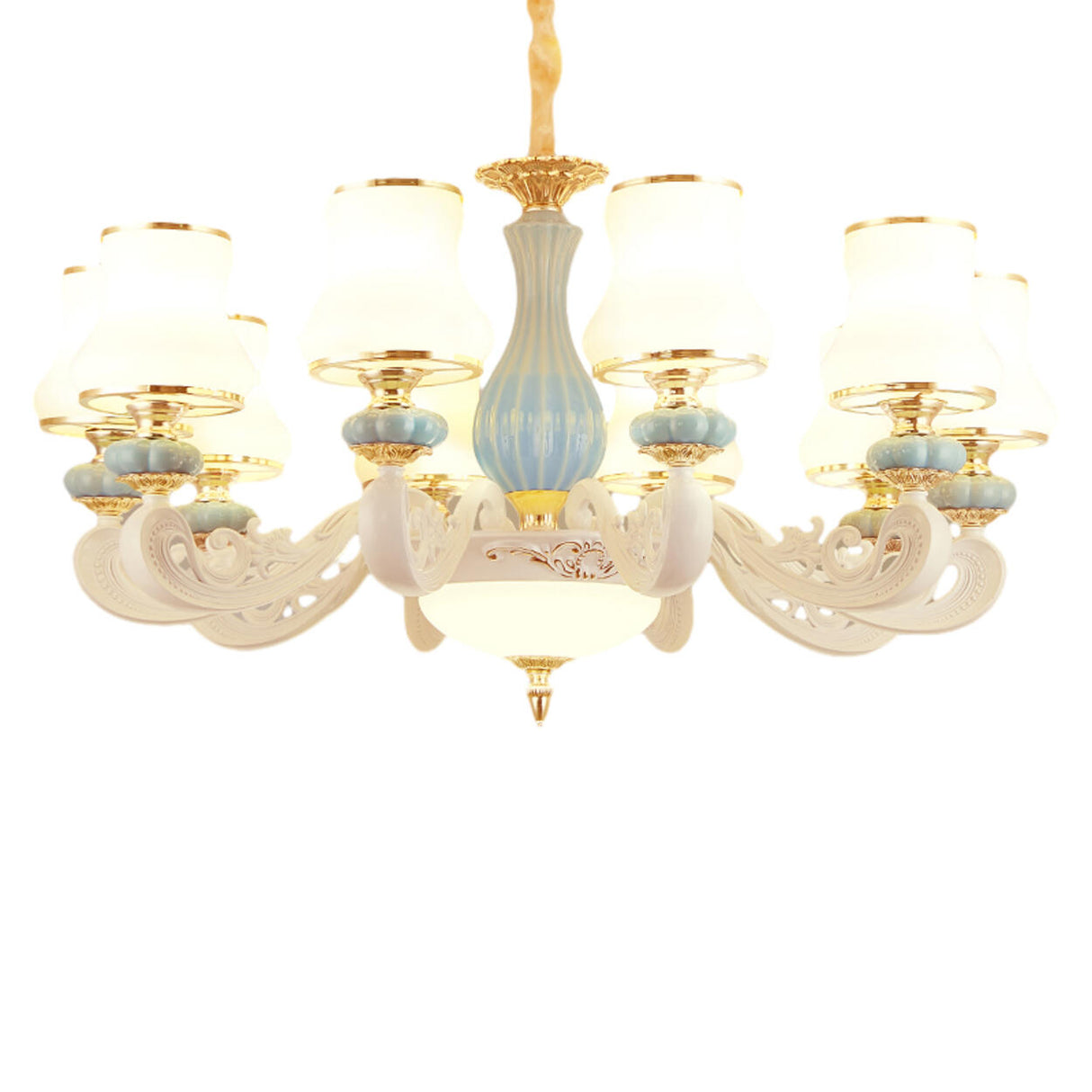 8-Light Elegant Vintage Blue Porcelain Chandelier Image - 7
