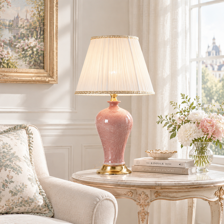 Elegant Pink Silk Shade Ceramic Bedroom Table Lamp