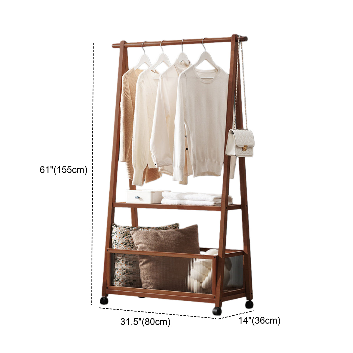 A-Frame Wood Brown Large Storage Coat Rack with Wheels Image - 16