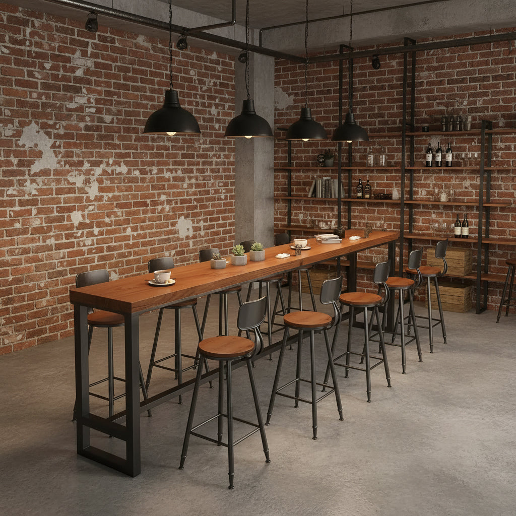 Brown Rectangle Wood Large Bar Table with Footrest Image - 27