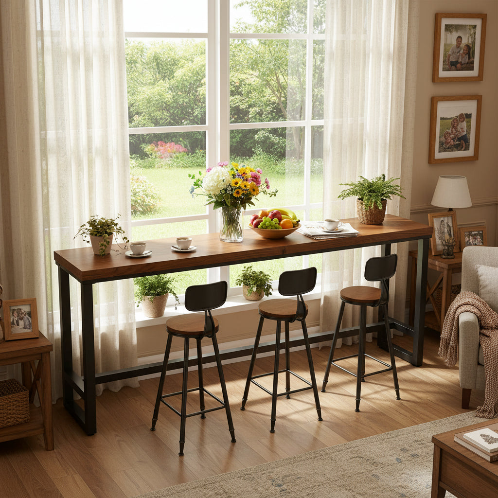 Brown Rectangle Wood Large Bar Table with Footrest Image - 27