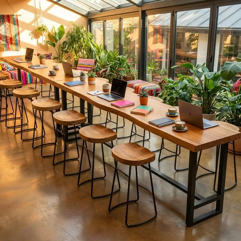 Brown Rectangular Wood Iron Large Bar Table With Footrest