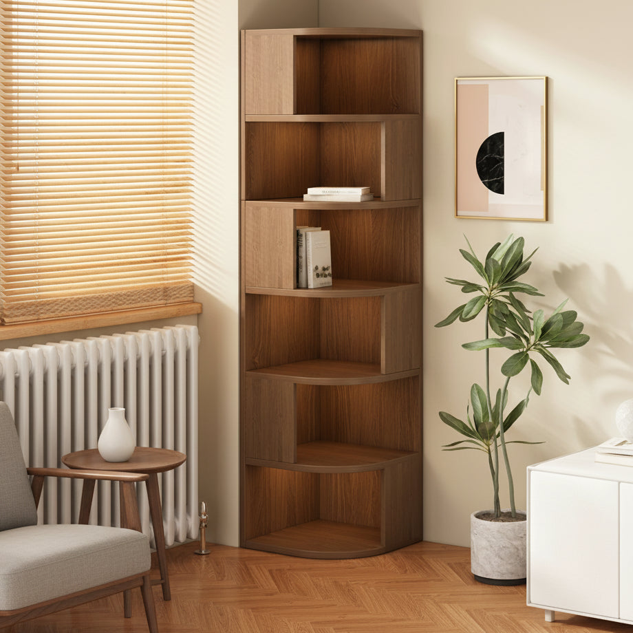 Classic Rubberwood L-Shape Corner Tall Bookcase Brown Image - 28