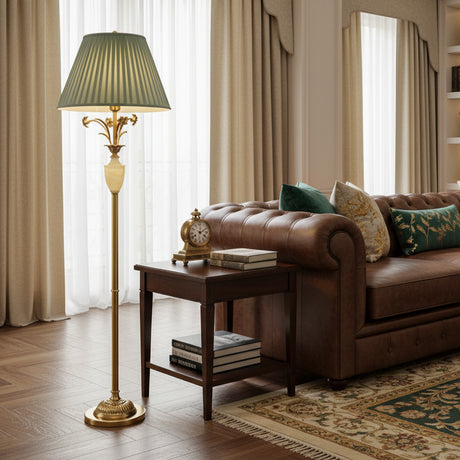 Elegant Green Pleated Shade and Gold Floor Lamp Image - 10
