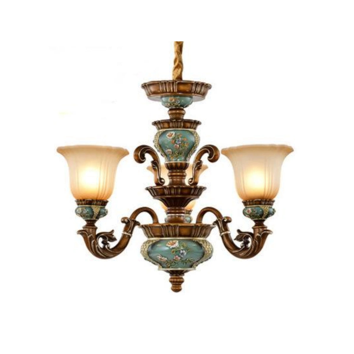 European Antique Brass Flower Glass Ceramic Chandelier