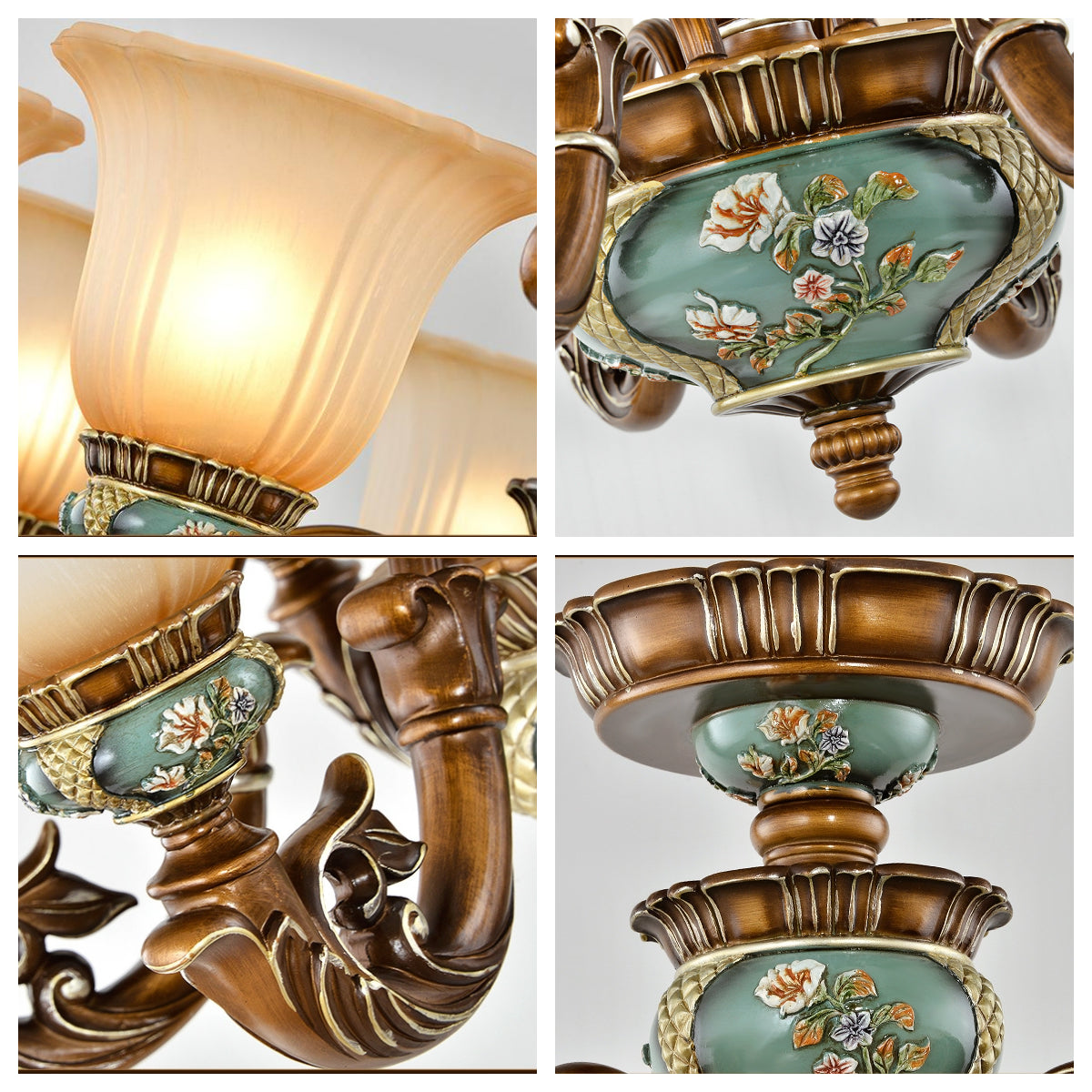 European Antique Brass Flower Glass Ceramic Chandelier