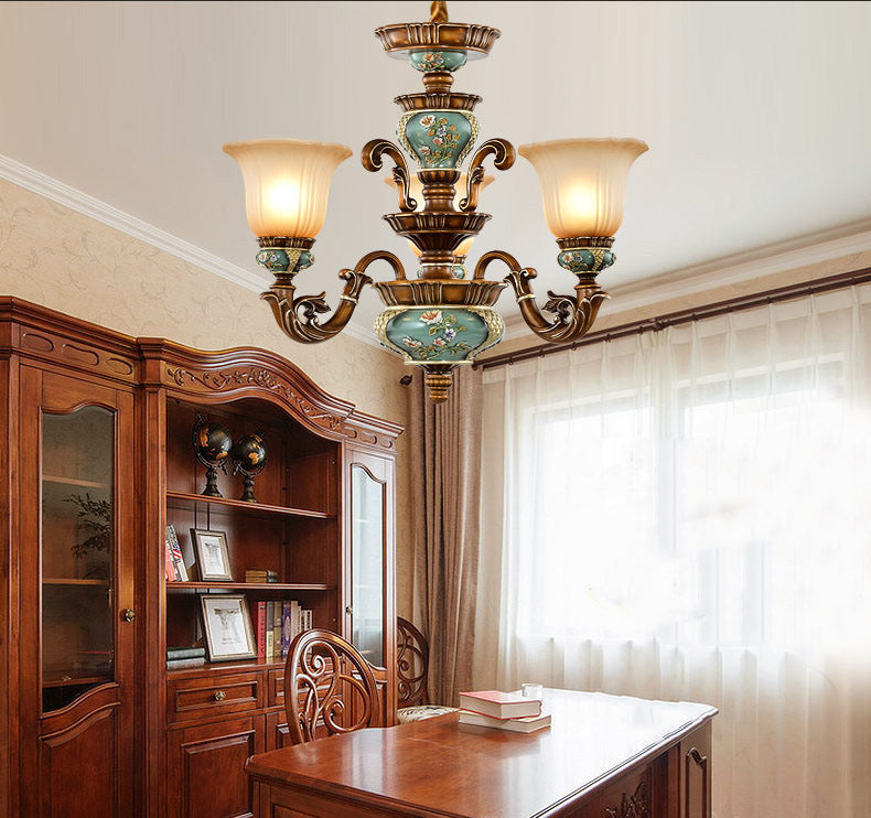 European Antique Brass Flower Glass Ceramic Chandelier