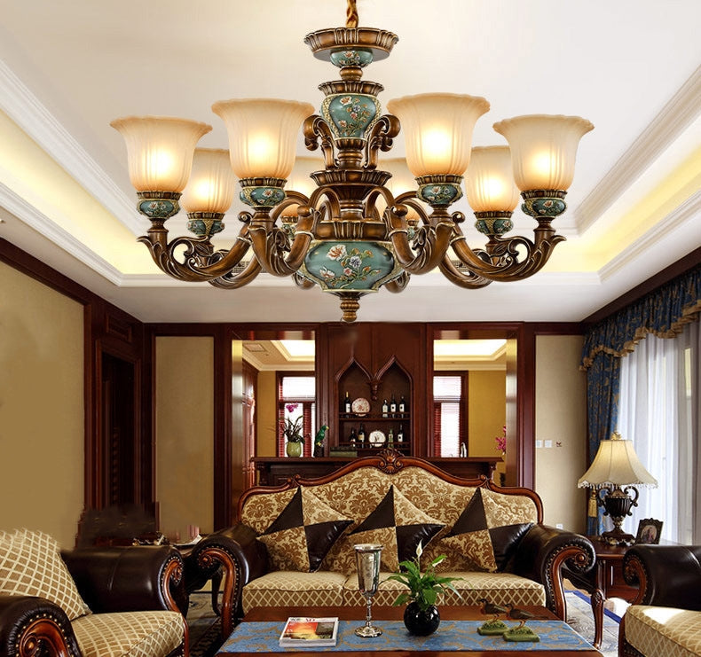 European Antique Brass Flower Glass Ceramic Chandelier