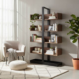 Industrial Vertical Corner Wood Metal Spine Tower Bookshelf Image - 1
