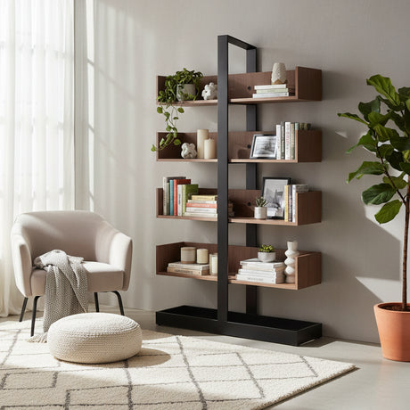 Industrial Vertical Corner Wood Metal Spine Tower Bookshelf Image - 1