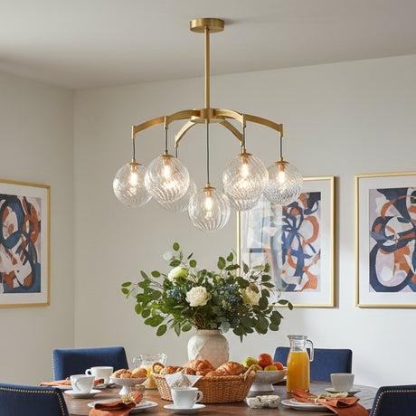 Modern 7-Light  Brass Branch Textured Glass Globe Chandelier Image - 10