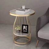 Modern Round Marble-Top Metal Frame Side Table with Shelf Image - 15