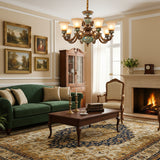 Traditional Antique Brass Ceramic Chandelier Frosted Glass Image - 17