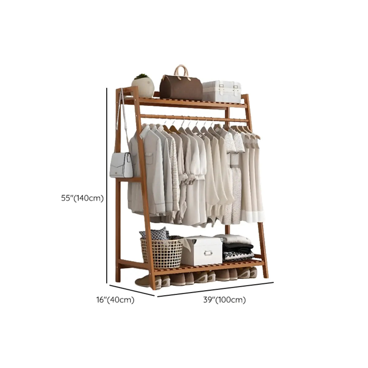 A-Frame Bamboo Natural Stand Coat Rack with Shelves Image - 28