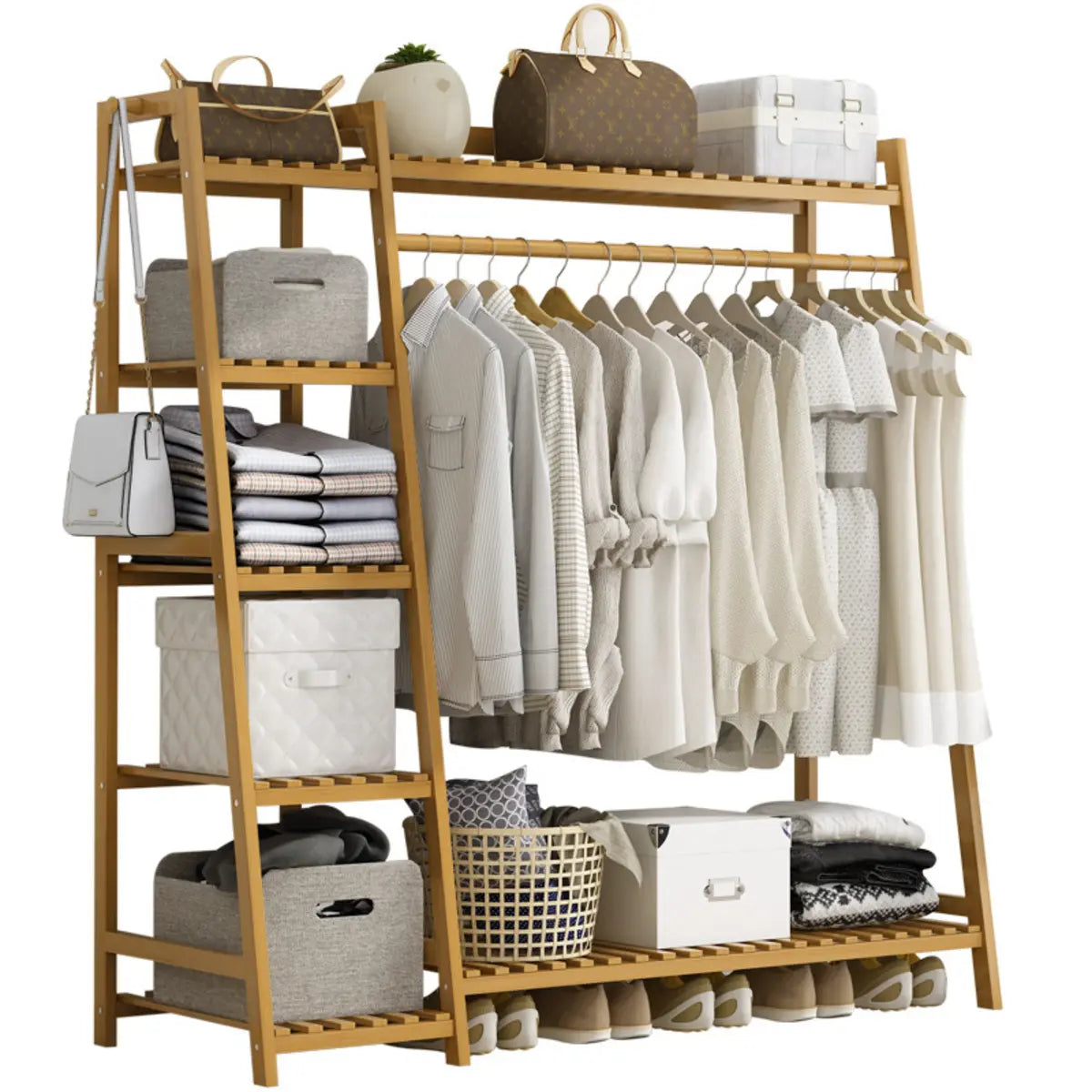A-Frame Bamboo Natural Stand Coat Rack with Shelves Image - 6