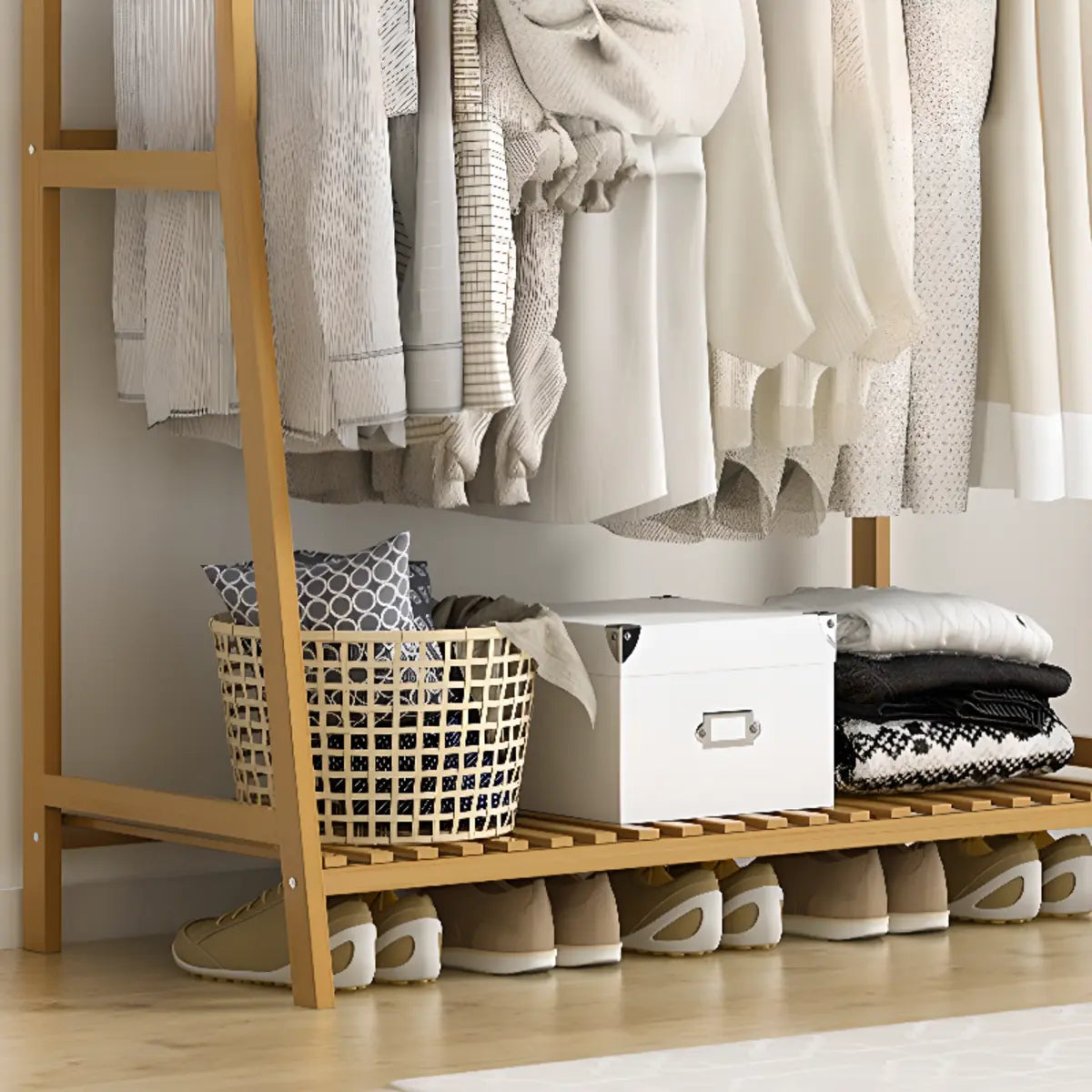 A-Frame Bamboo Natural Stand Coat Rack with Shelves Image - 9