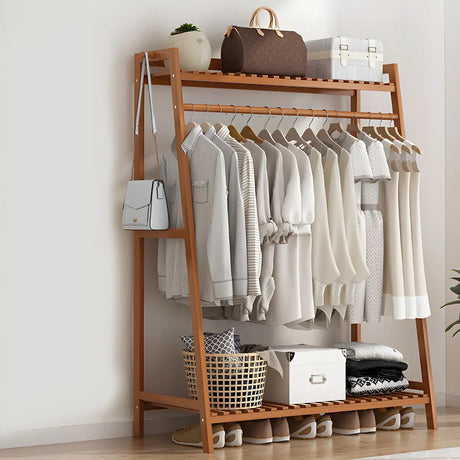 A-Frame Bamboo Tan High Garment Coat Rack with Shelf Image - 2