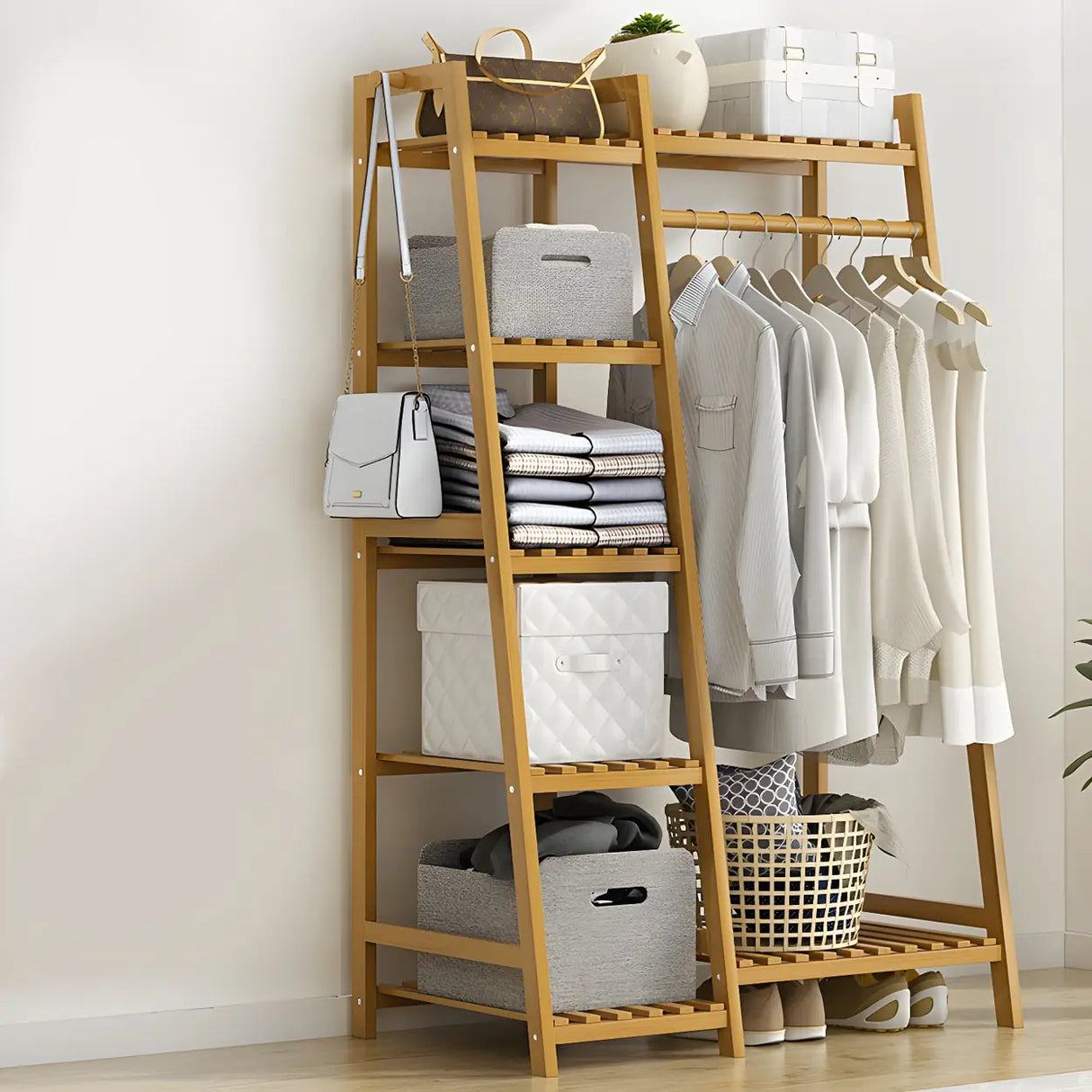 A-Frame Bamboo Tan High Garment Coat Rack with Shelf Image - 20