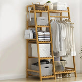 A-Frame Bamboo Tan High Garment Coat Rack with Shelf Image - 20