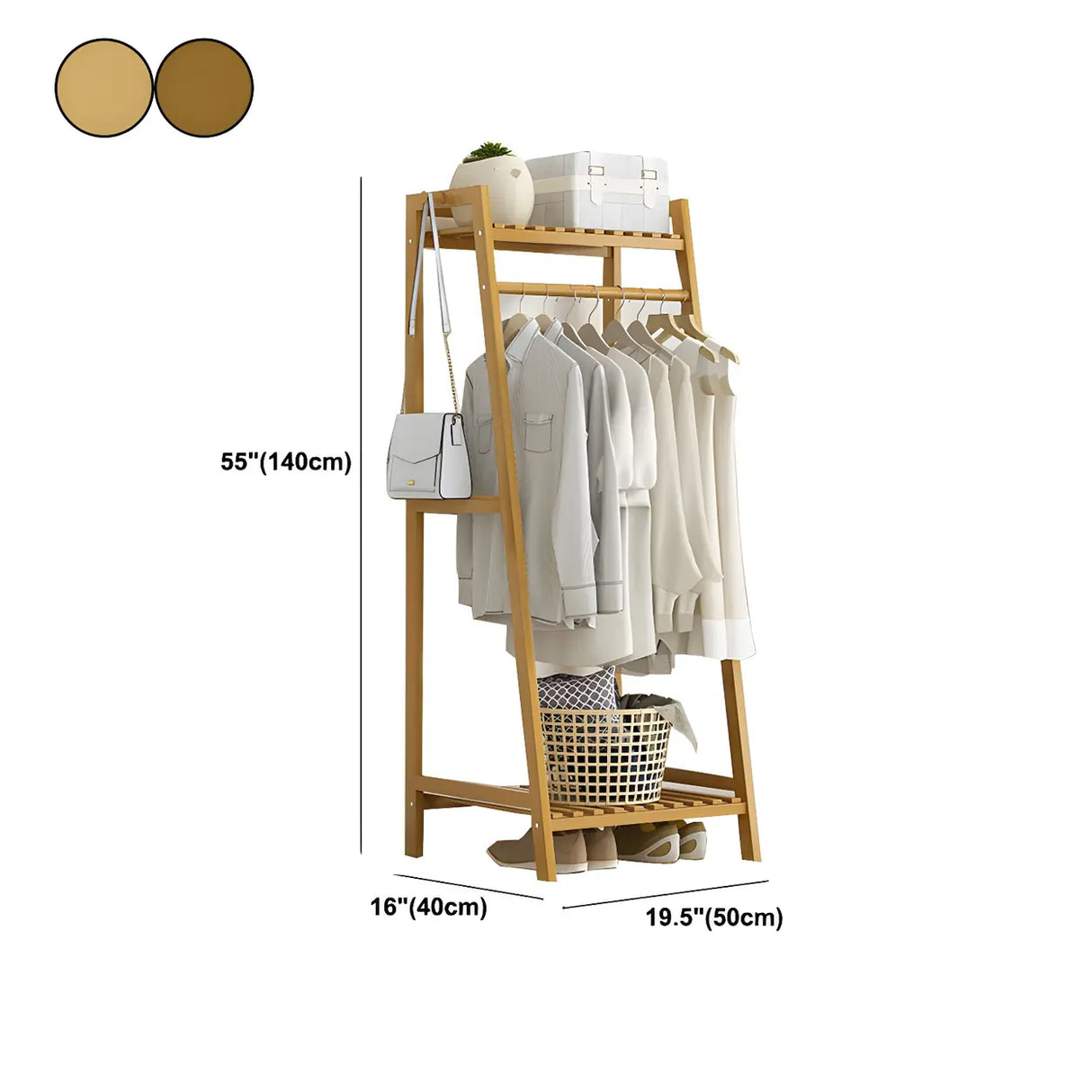 A-Frame Bamboo Tan High Garment Coat Rack with Shelf 