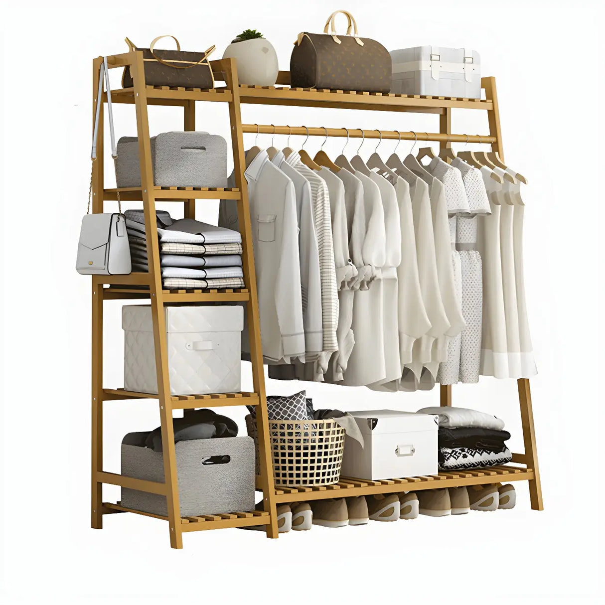 A-Frame Bamboo Tan High Garment Coat Rack with Shelf Image - 9