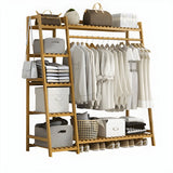 A-Frame Bamboo Tan High Garment Coat Rack with Shelf Image - 9