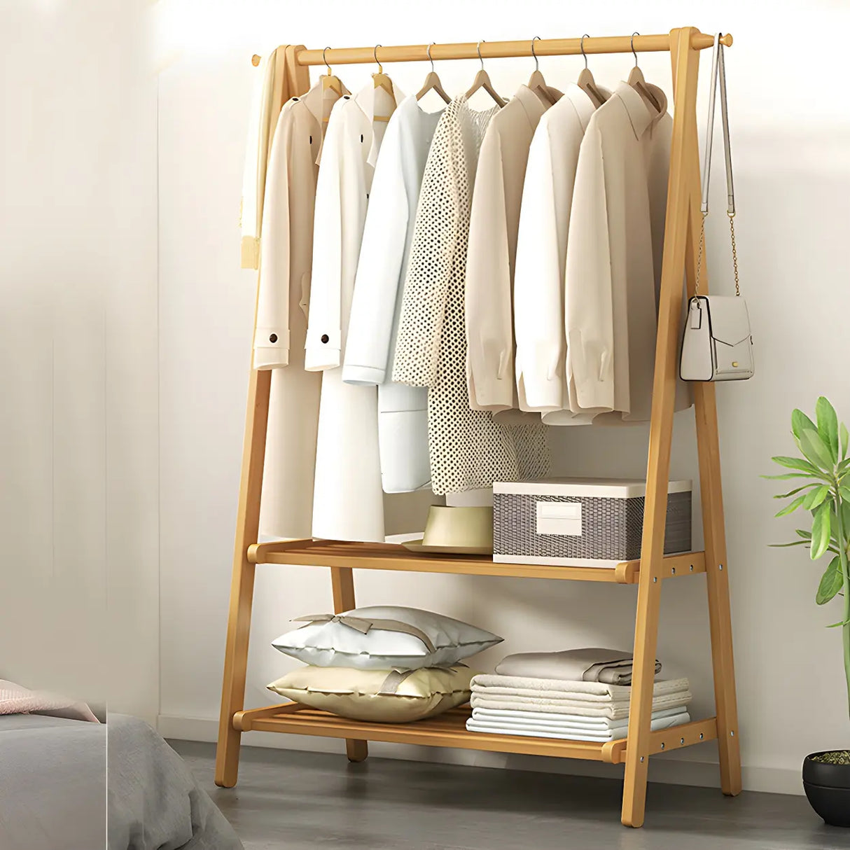 A-Frame Wooden Green Garment Rack with Hooks and Shelves Image - 11