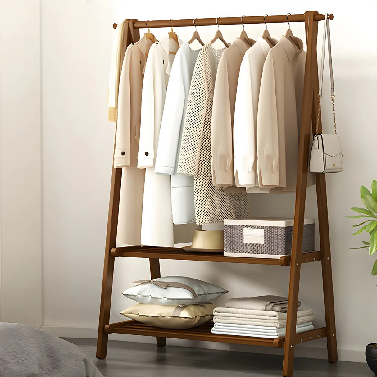 A-Frame Wooden Green Garment Rack with Hooks and Shelves Image - 12