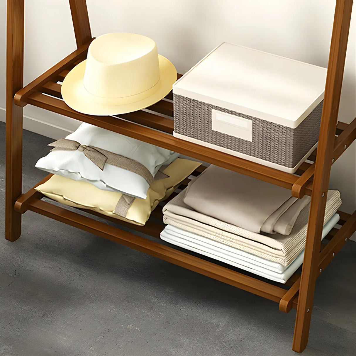 A-Frame Wooden Green Garment Rack with Hooks and Shelves Image - 7