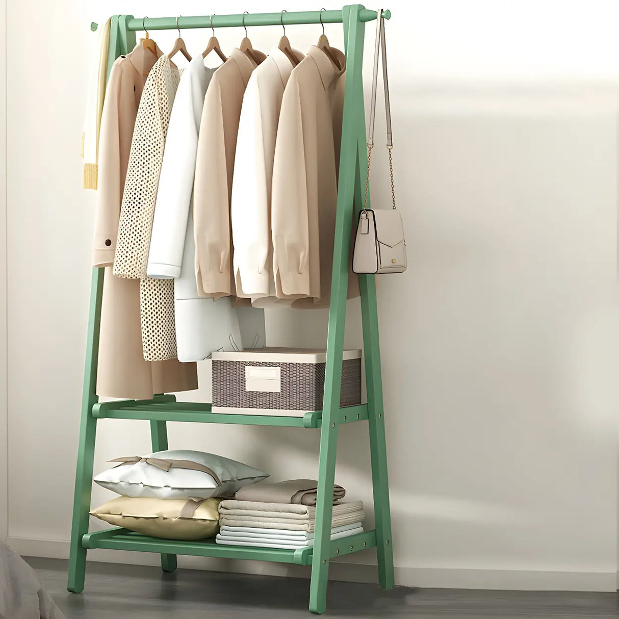 A-Frame Wooden Green Garment Rack with Hooks and Shelves Image - 9