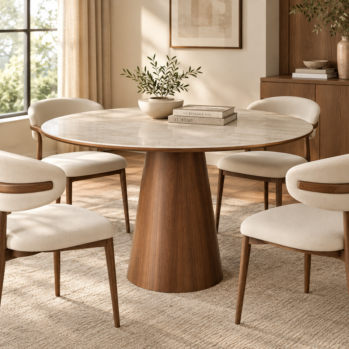 Modern Rustic Wood Pedestal Round Beige Stone Dining Table