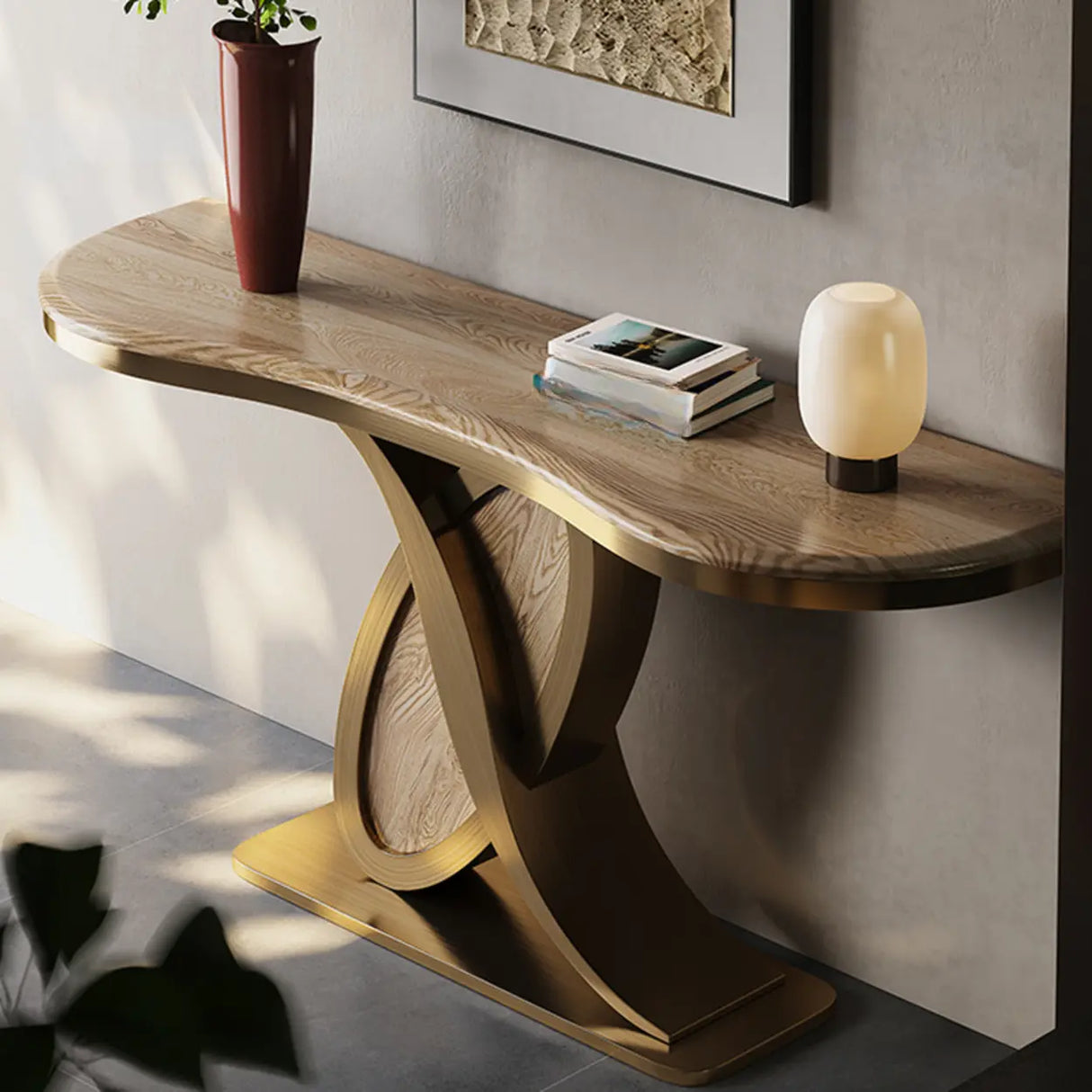 Abstract Ash Wood Irregular Oval Decorative Console Table Image - 5