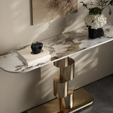 Abstract Base Half-circle Stone Top Black Console Table Image - 6