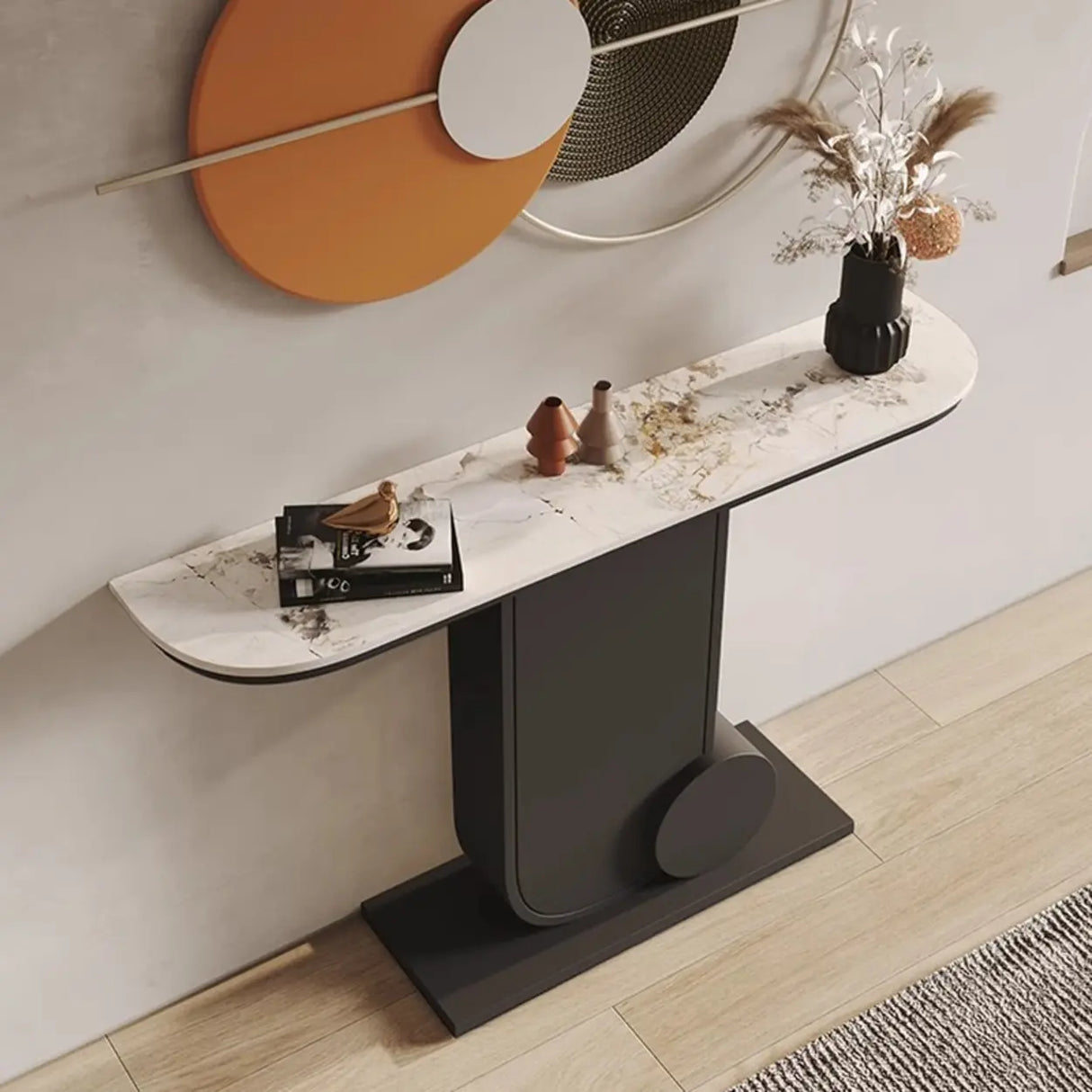 Abstract Base Half Moon Sintered Stone Black Console Table Image - 5