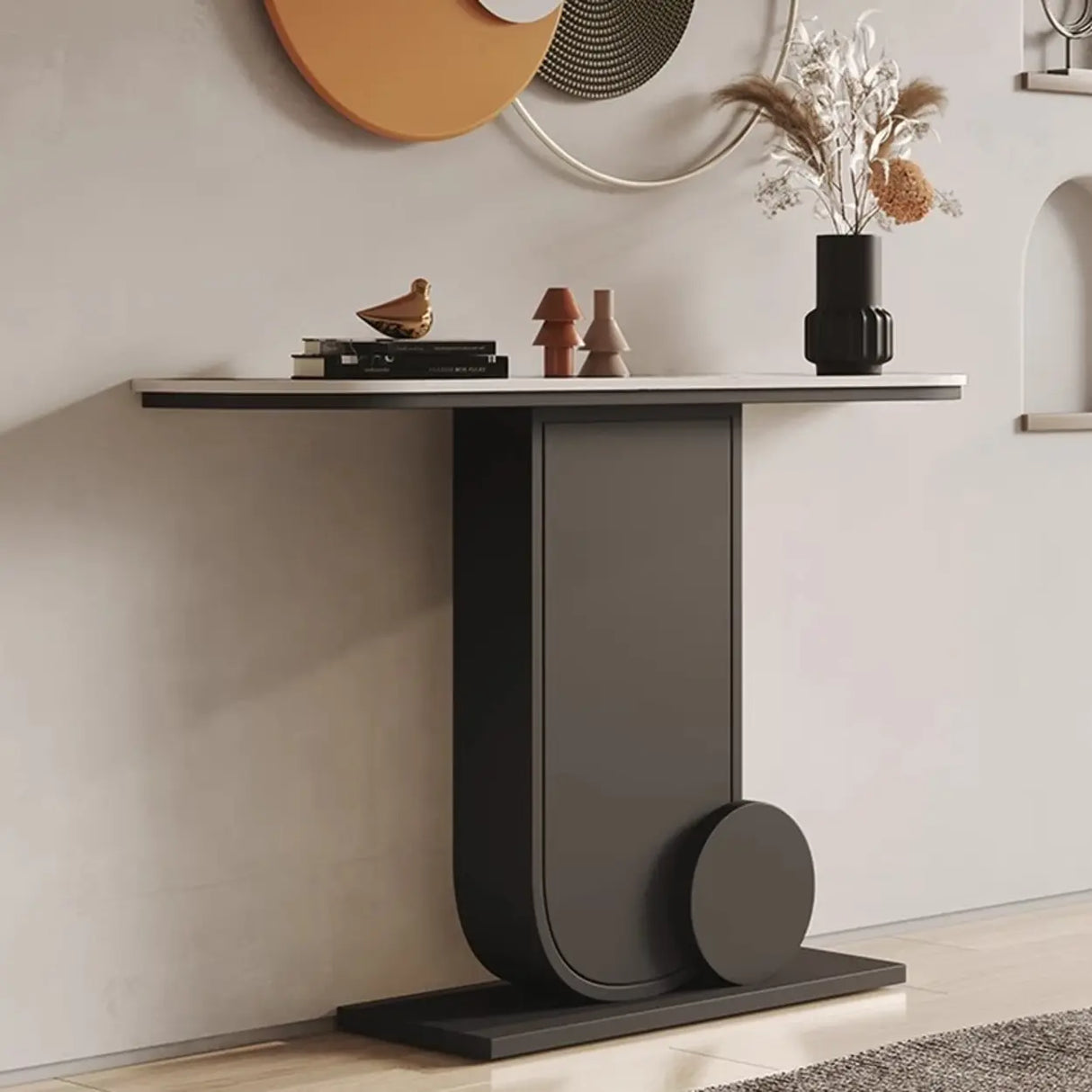 Abstract Base Half Moon Sintered Stone Black Console Table Image - 6