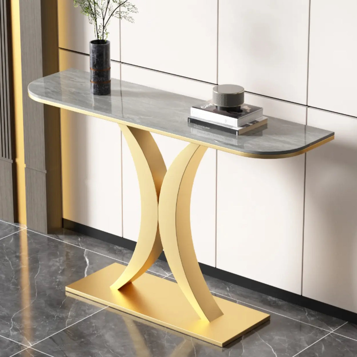 Abstract Base Semi-Circle Sintered Stone Black Console Table Image - 10