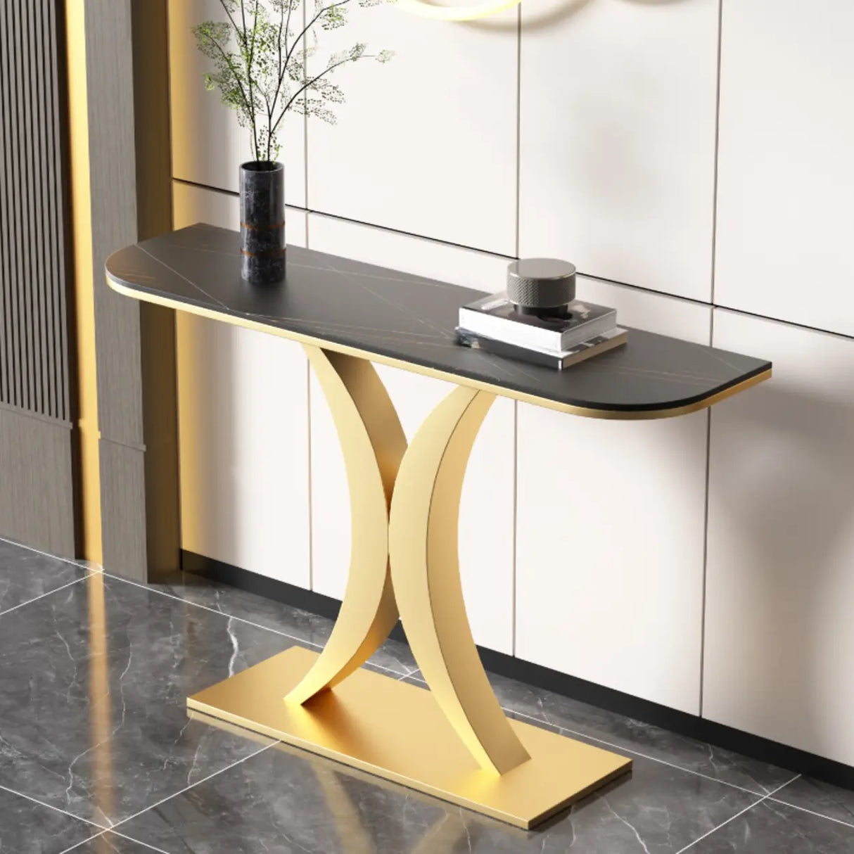 Abstract Base Semi-Circle Sintered Stone Black Console Table Image - 11