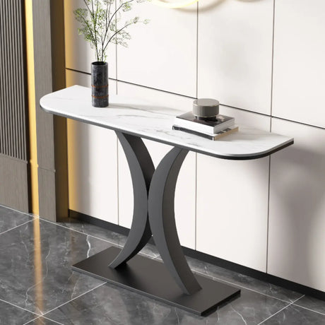 Abstract Base Semi-Circle Sintered Stone Black Console Table Image - 2