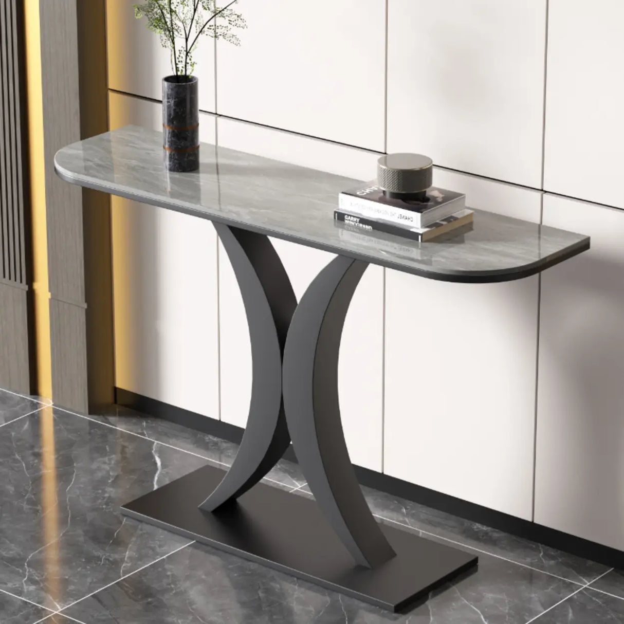 Abstract Base Semi-Circle Sintered Stone Black Console Table Image - 4