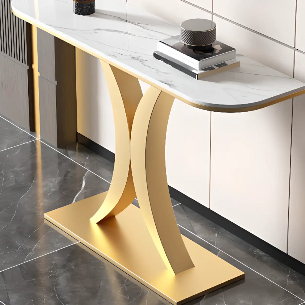 Abstract Base Semi-Circle Sintered Stone Black Console Table Image - 5