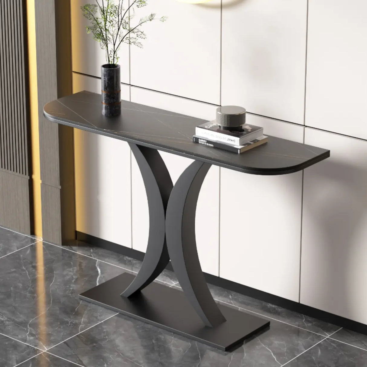 Abstract Base Semi-Circle Sintered Stone Black Console Table Image - 6