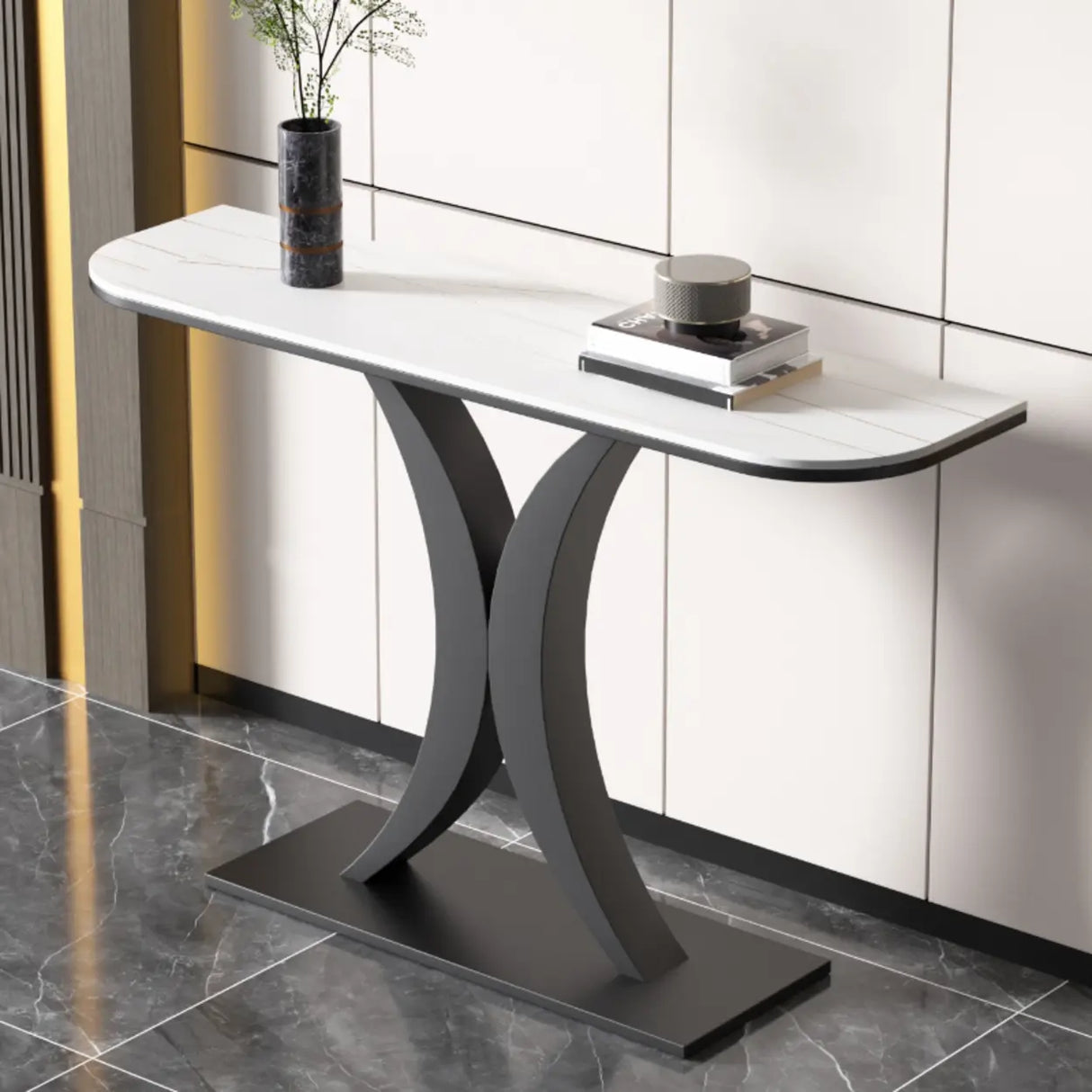 Abstract Base Semi-Circle Sintered Stone Black Console Table Image - 8