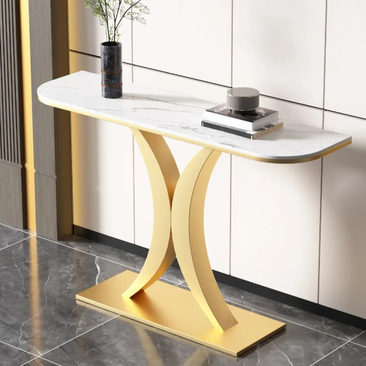 Abstract Base Semi-Circle Sintered Stone Black Console Table Image - 9