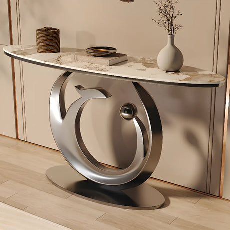 Abstract Metal Base Oval Marble Entryway Console Table Image - 1