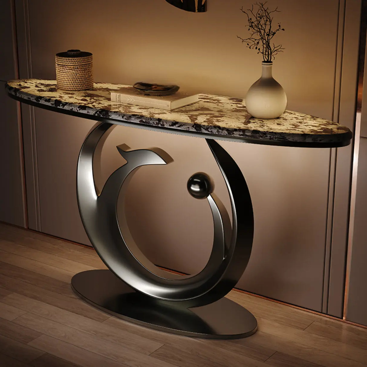 Abstract Metal Base Oval Marble Entryway Console Table Image - 2