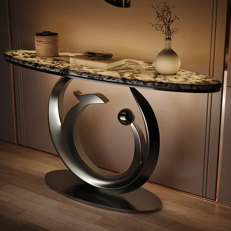 Abstract Metal Base Oval Marble Entryway Console Table Image - 2