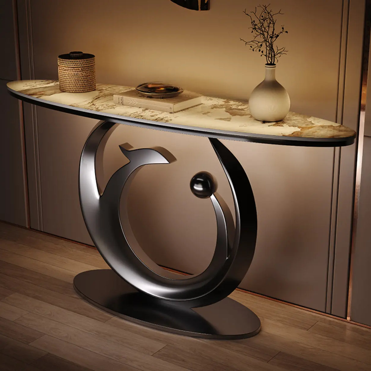 Abstract Metal Base Oval Marble Entryway Console Table Image - 3