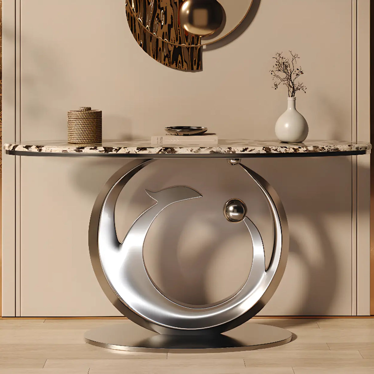 Abstract Metal Base Oval Marble Entryway Console Table Image - 4