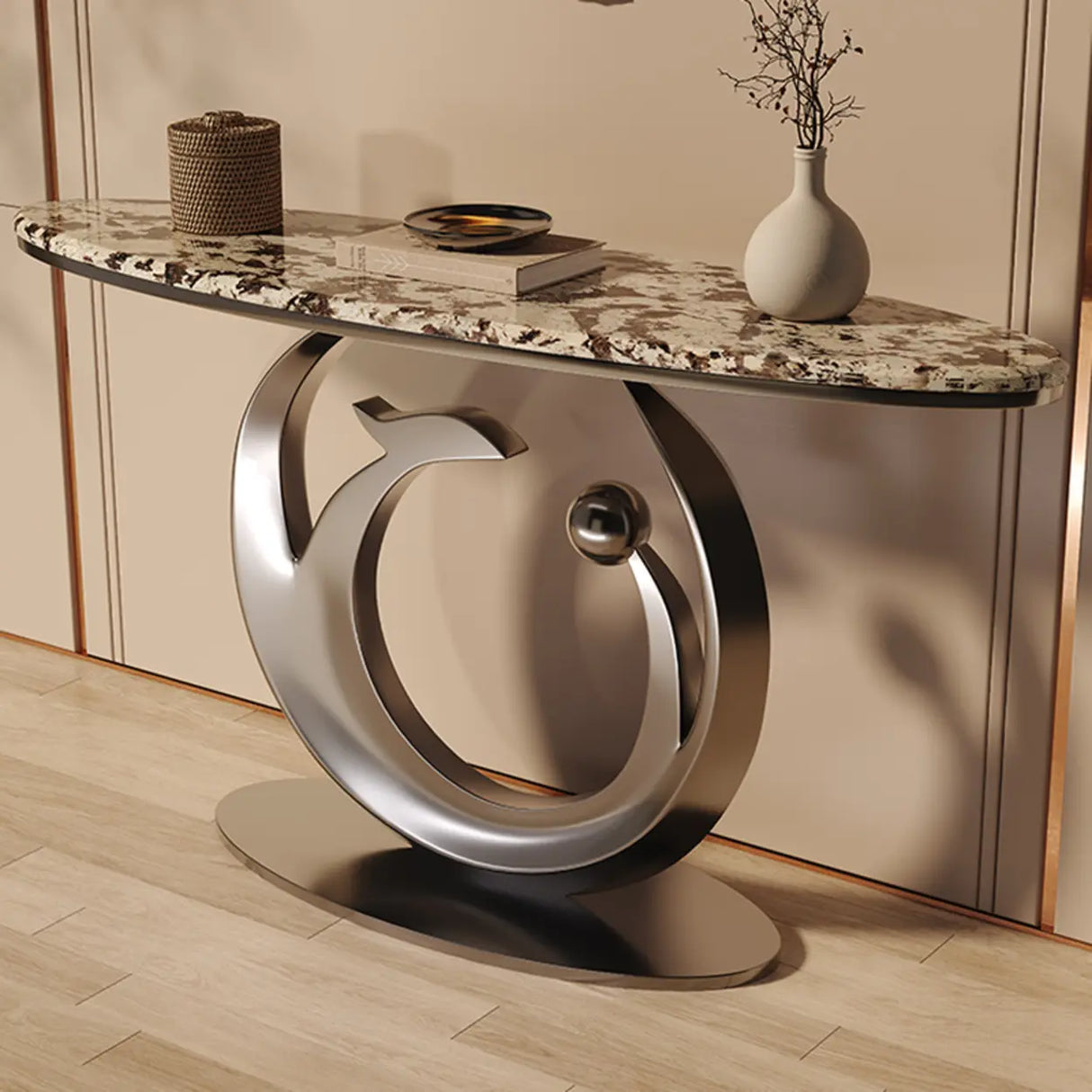 Abstract Metal Base Oval Marble Entryway Console Table Image - 5
